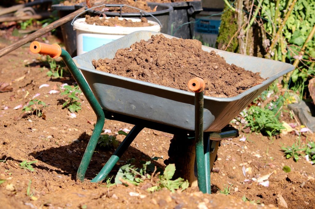 wheelbarrow soil garden cleanup