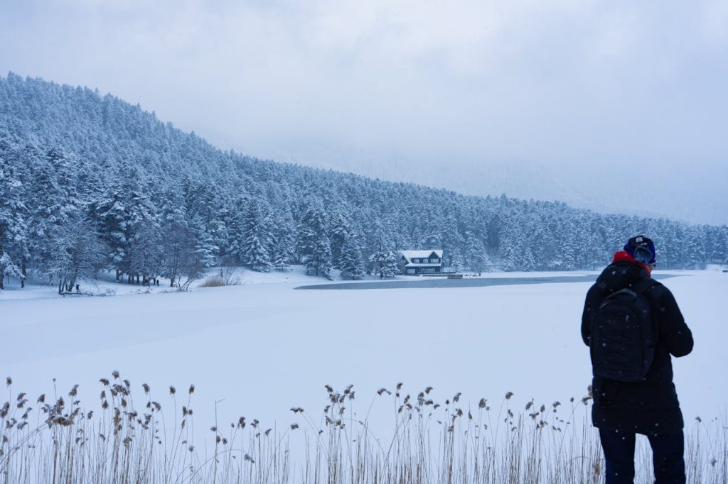 winter trail near lake forest