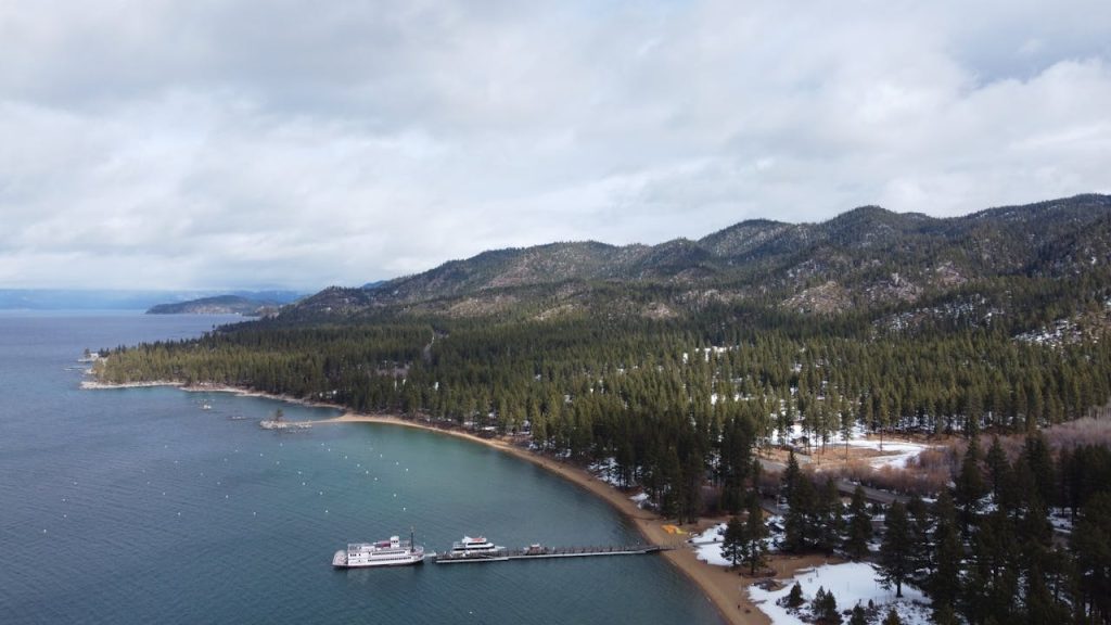 lake cove aerial shoreline winter