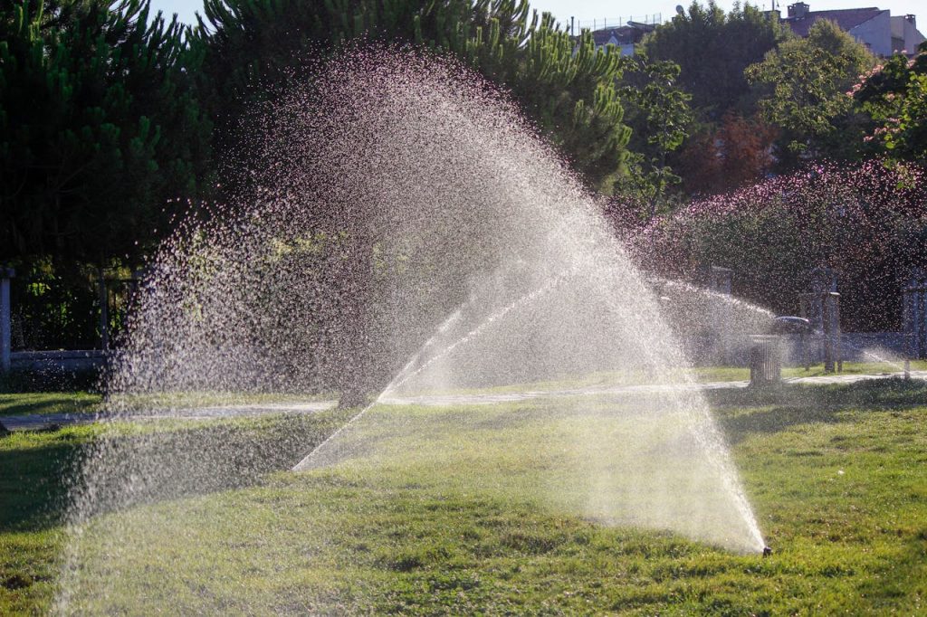 lawn sprinkler midday sun wind drift